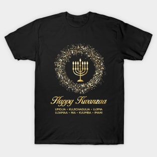 Happy Kwanzaa, Cultural Celebration. Holiday candles in a ring of stars T-Shirt